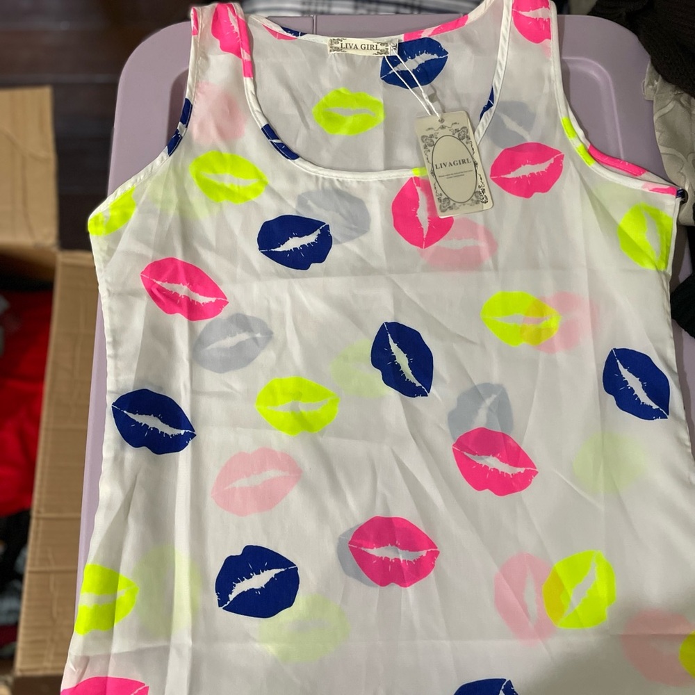 Women's White Tank Top with Colorful Lip Print